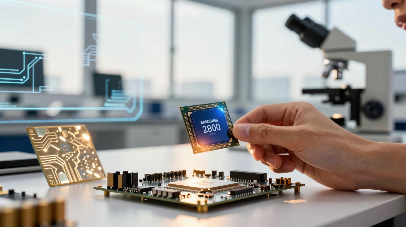 Mão segurando chip Samsung 2800 sobre placa de circuito em laboratório com microscópio ao fundo.