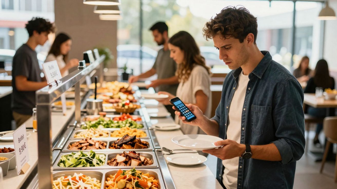 Jovem escolhe comida em buffet self-service enquanto olha para celular em restaurante iluminado.