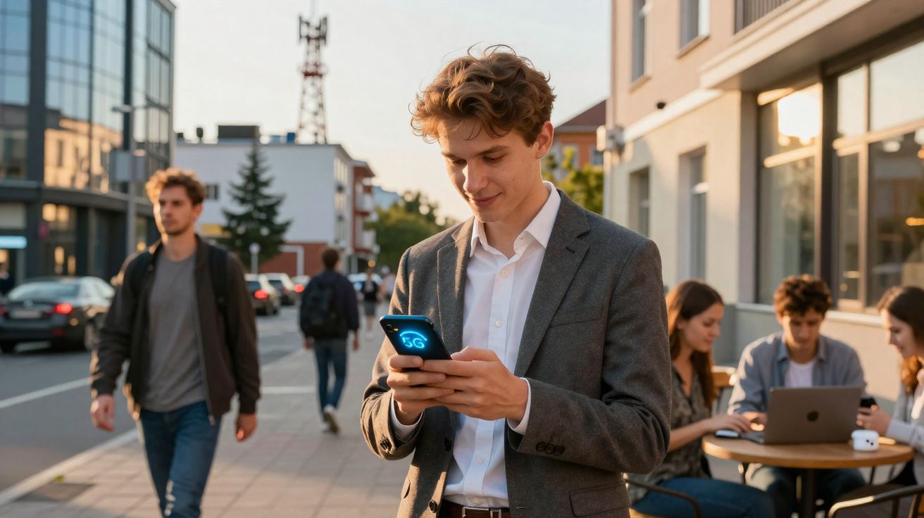 Jovem com terno usando celular na rua durante o dia, com pessoas caminhando e grupo sentado ao fundo.