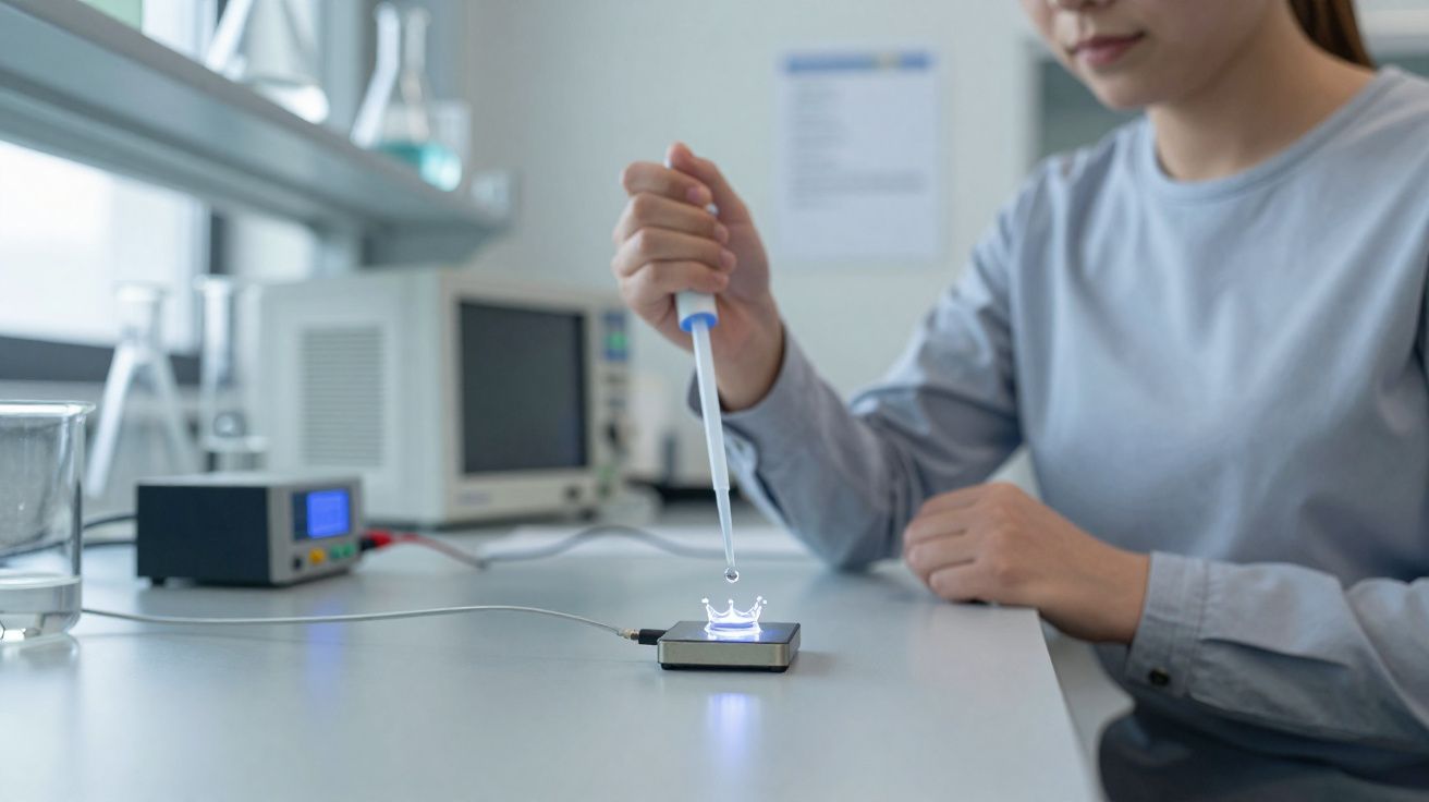 Pessoa usando pipeta para depositar líquido em dispositivo luminoso em laboratório moderno.