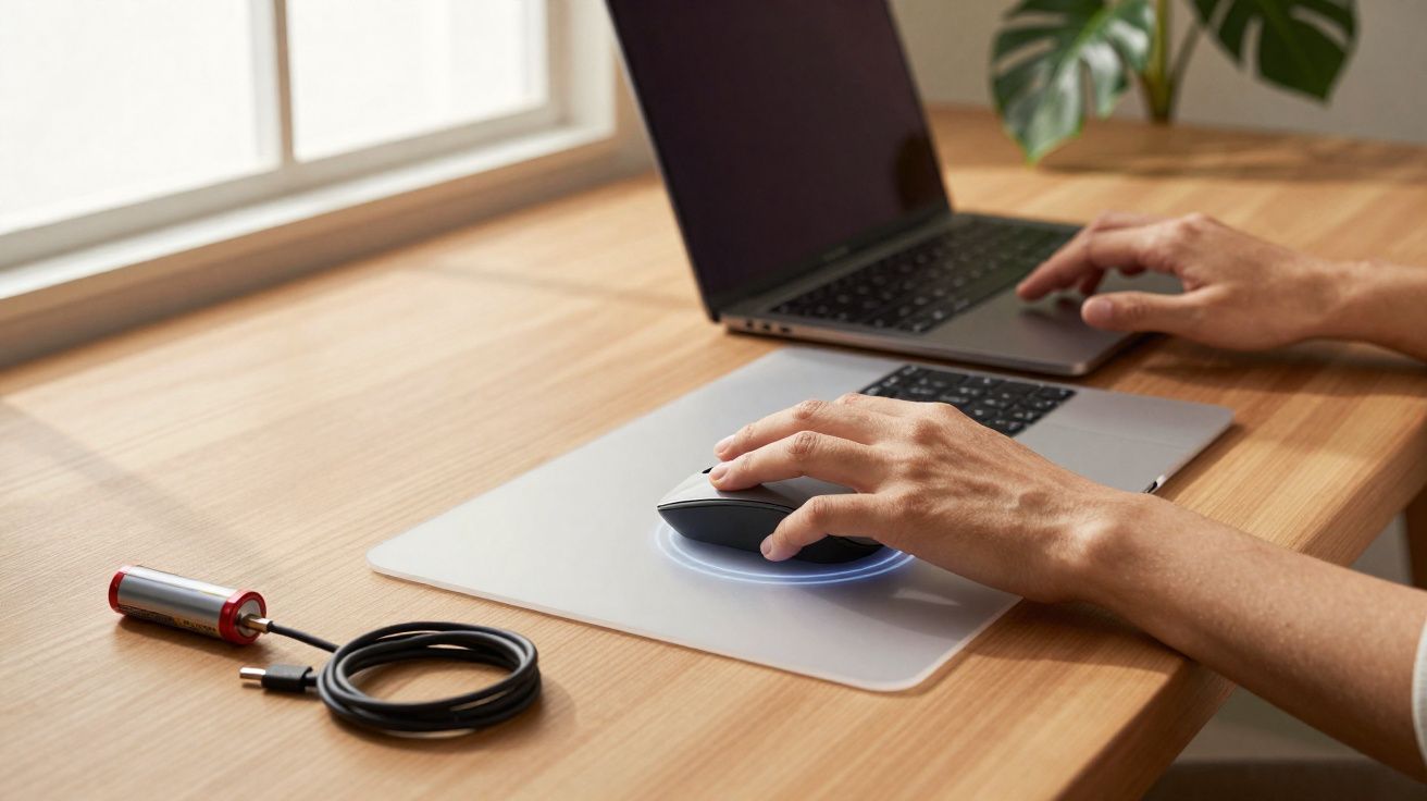 Mãos operando mouse ao lado de notebook aberto em mesa de madeira, com cabo USB e bateria ao lado.