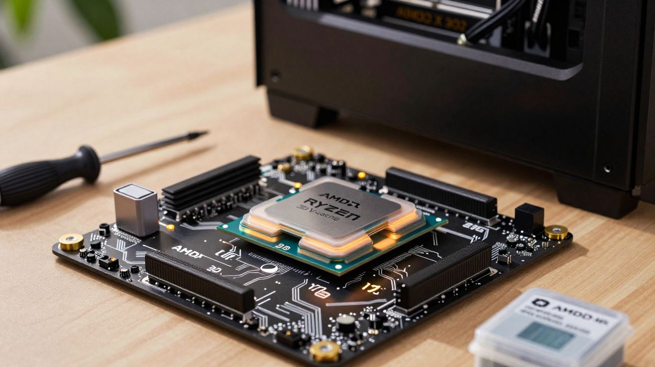 Placa-mãe com processador AMD Ryzen 7 instalado sobre mesa de madeira junto a ferramenta e caixa branca.