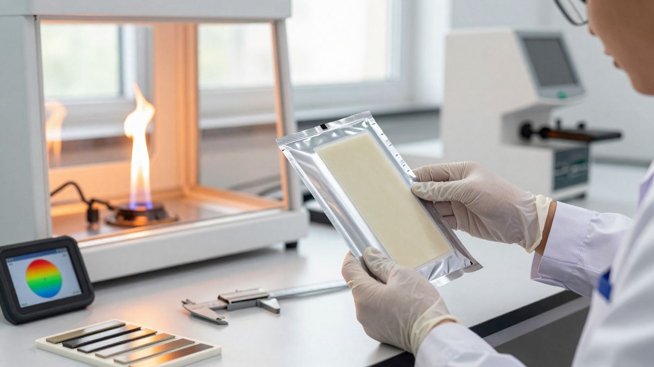 Pesquisador em laboratório segurando pacote prateado com amostra, ao fundo chama de fogo para teste.