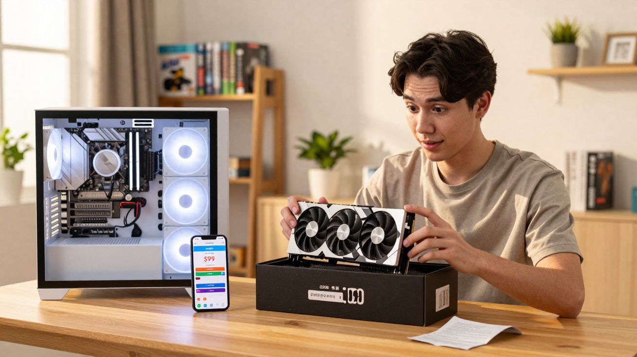 Jovem montando computador, segurando placa de vídeo com gabinete e celular ao lado sobre mesa.
