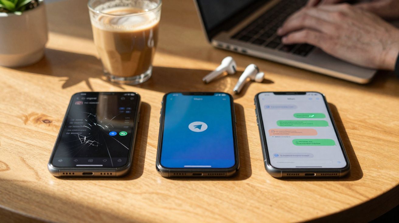 Três smartphones alinhados, fones de ouvido, café e pessoa digitando em laptop sobre mesa de madeira.