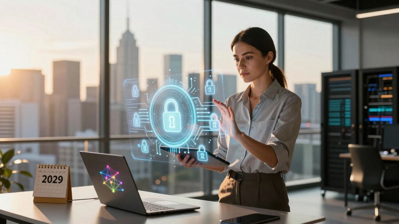 Mulher em escritório moderno interagindo com holograma de cadeado de segurança digital sobre laptop.