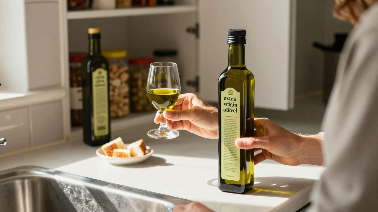 Pessoa segurando taça e garrafa de azeite extra virgem em cozinha com pia e pão ao fundo.
