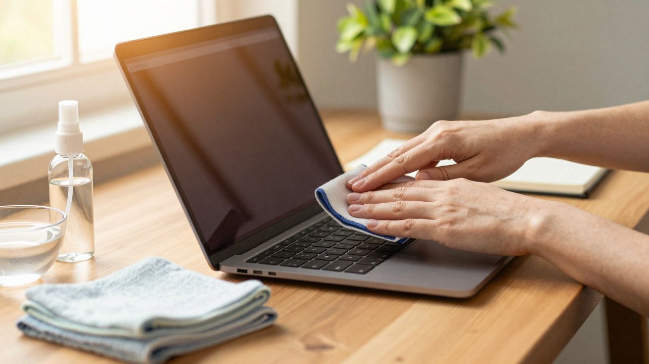 Mãos limpando o teclado de um laptop com pano em mesa de madeira perto de janela e planta.