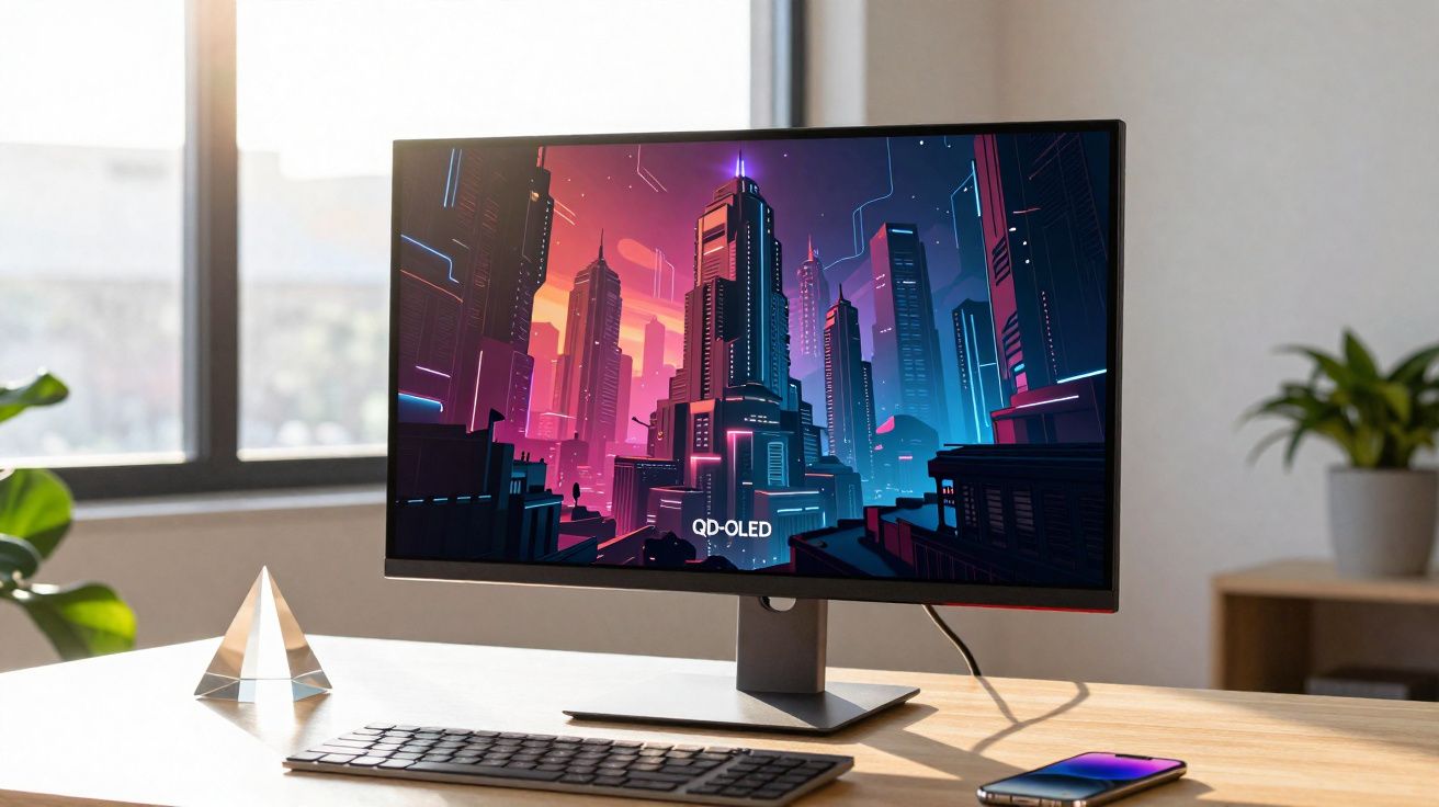 Monitor QD-OLED com imagem digital de cidade futurista em mesa com teclado, celular e luz natural.