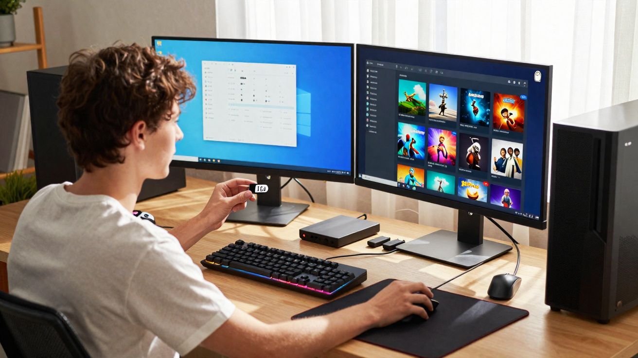 Pessoa usando computador com dois monitores em mesa de madeira próxima a janela com cortina branca.