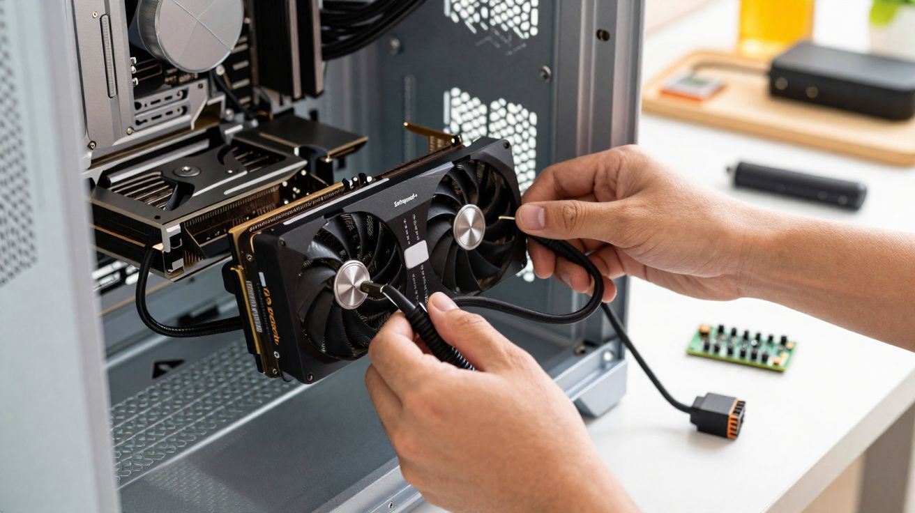 Mãos conectando cabo em placa de vídeo dentro de gabinete de computador aberto sobre mesa clara.
