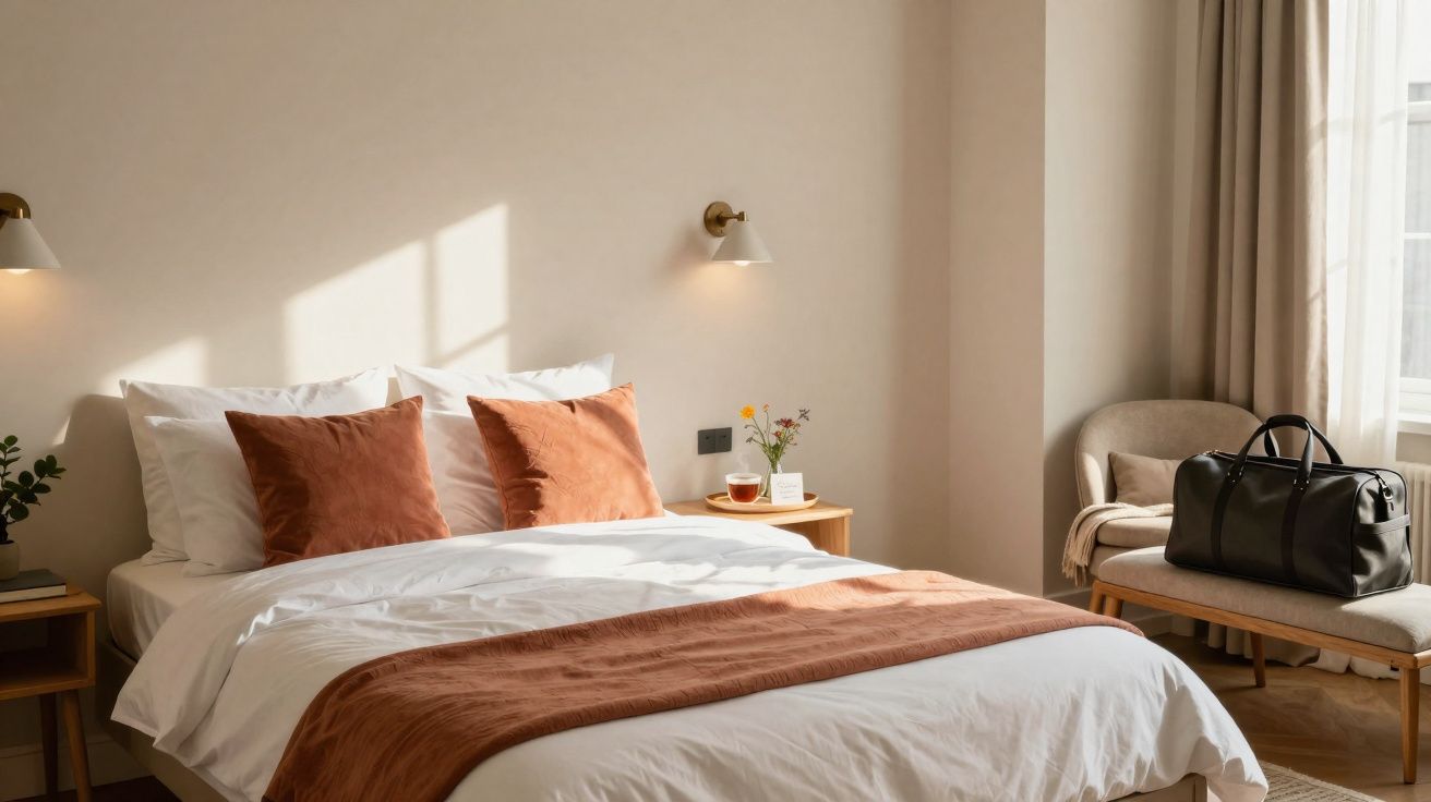 Quarto com cama de casal, roupa branca, almofadas e manta terracota, poltrona, banco e bolsa preta.