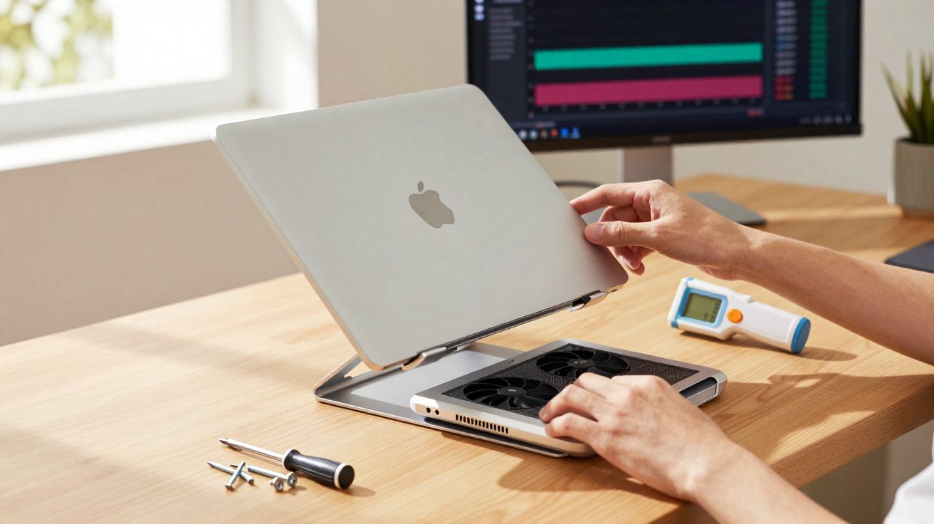 Pessoa abrindo notebook Apple para manutenção, com ferramentas e termômetro digital em mesa de madeira.