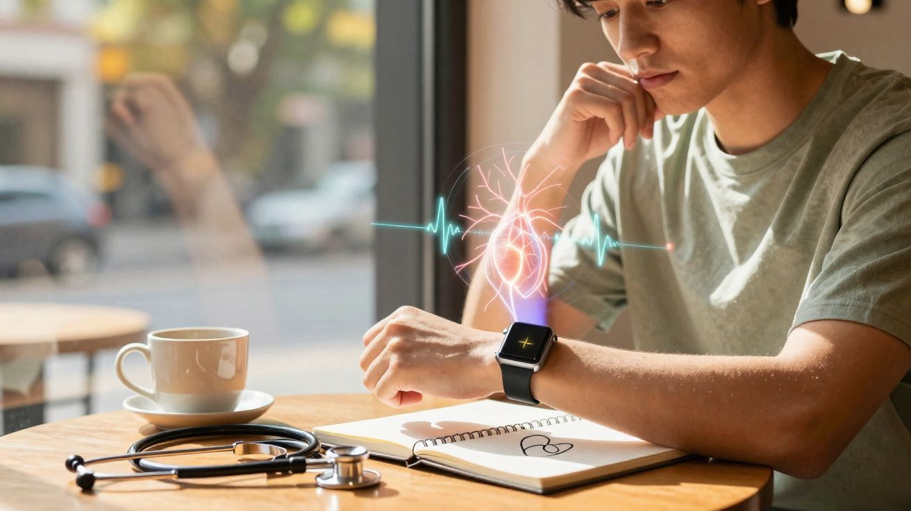 Jovem usando relógio inteligente com gráfico de batimentos cardíacos holográfico em mesa com estetoscópio e caderno.