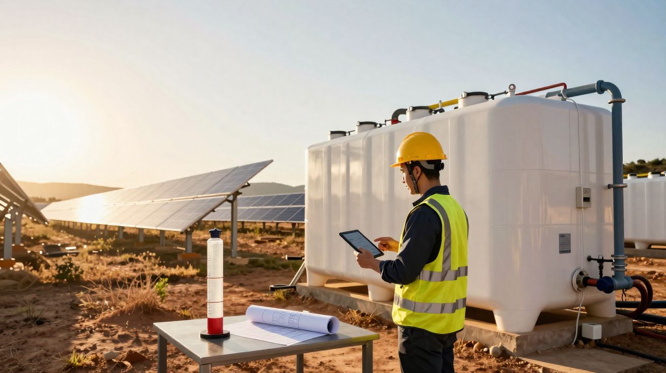 Homem com colete e capacete amarelo verifica tablet em usina solar com tanques e painéis ao fundo.