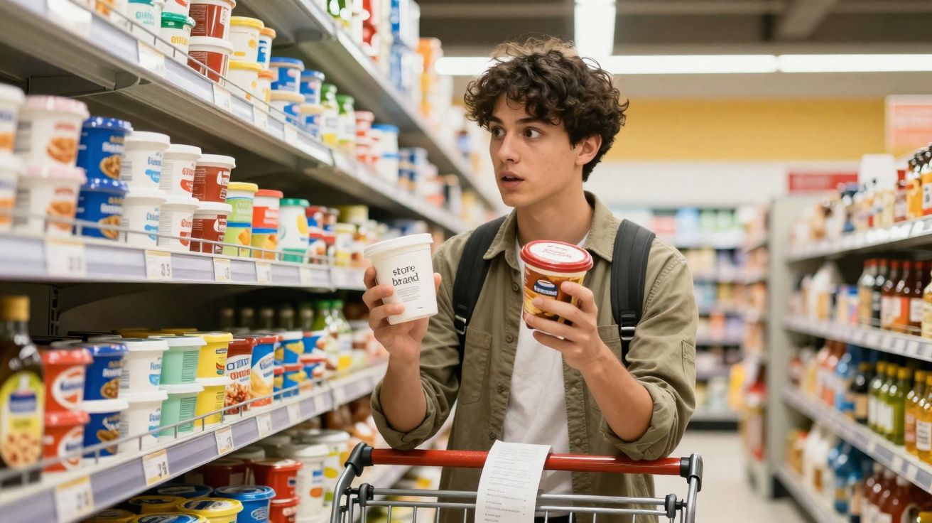 Jovem com mochila segura potes no corredor de supermercado e empurra carrinho de compras.