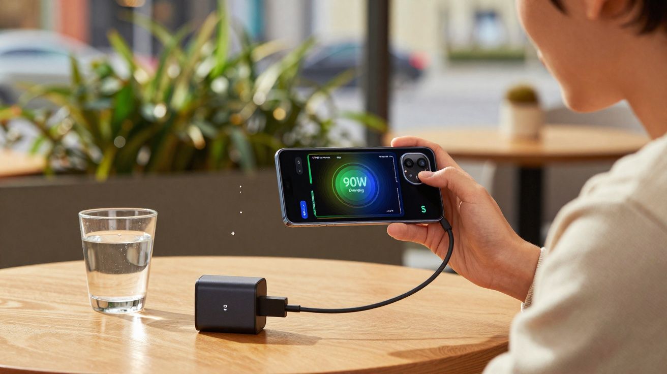 Pessoa segurando celular conectado a carregador rápido 90W sobre mesa com copo d'água em ambiente claro.