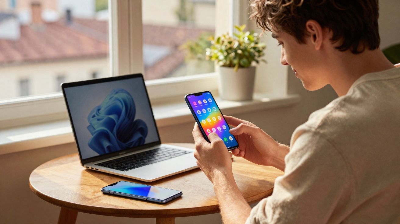 Pessoa sentada em mesa redonda usando smartphone com laptop e outro celular sobre a mesa perto da janela.