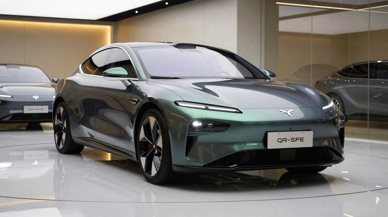 Carro elétrico esportivo cinza metálico QR-SFE exibido em showroom moderno com piso refletivo.