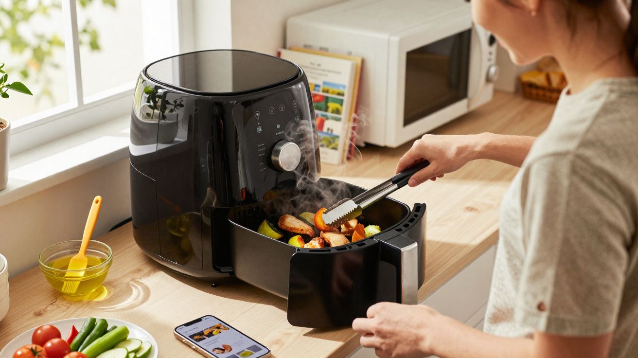 Pessoa usando pinça para retirar legumes coloridos quentes de air fryer preta em cozinha iluminada.