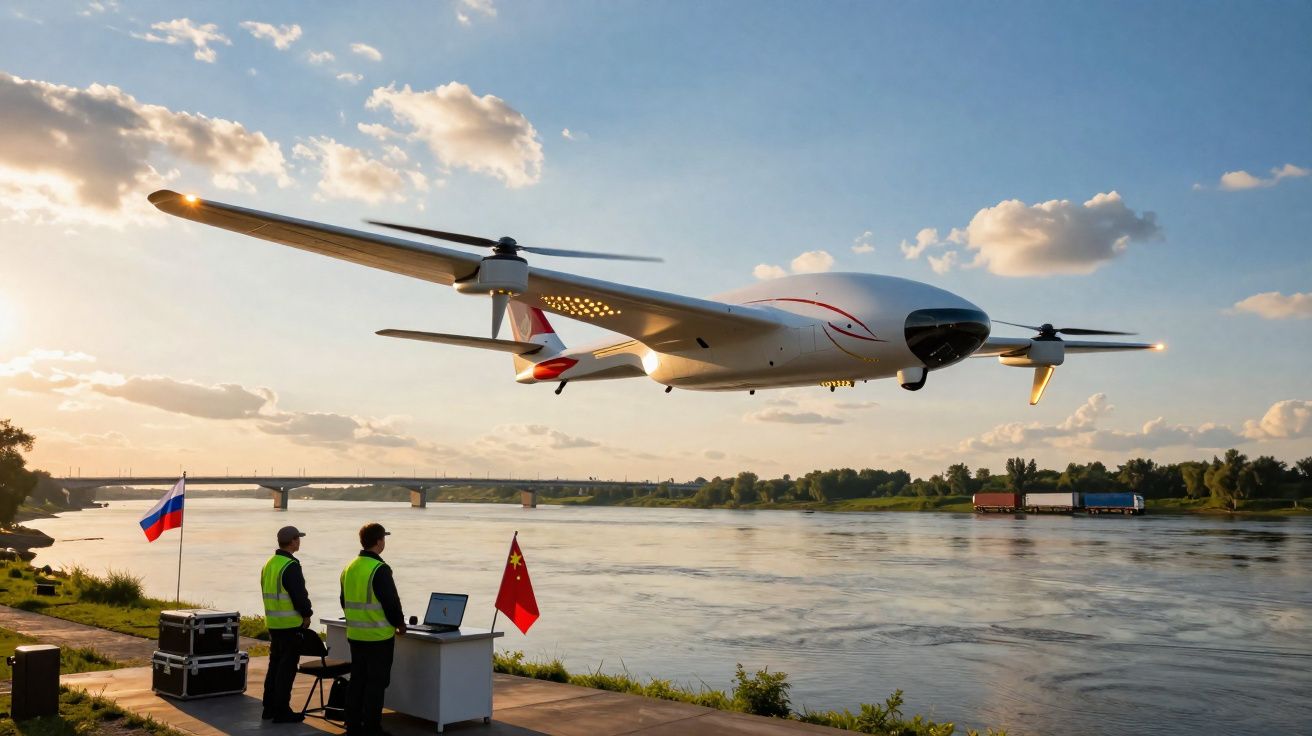 Drone branco de grande porte voando sobre rio próximo a duas pessoas com coletes refletivos e bandeiras da Rússia e China.