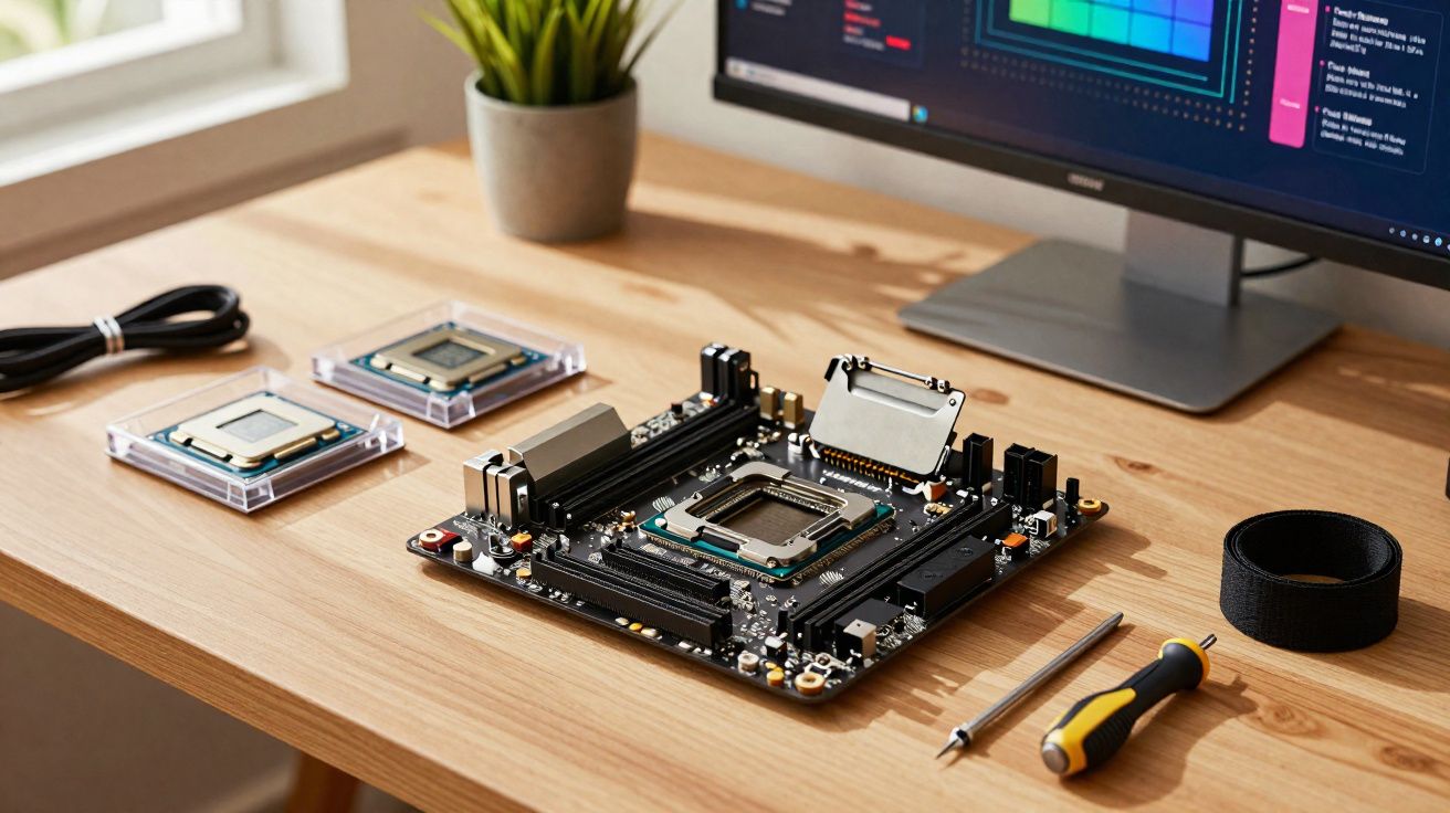 Placa-mãe, processadores, ferramenta e monitor com software aberto sobre mesa de madeira clara.