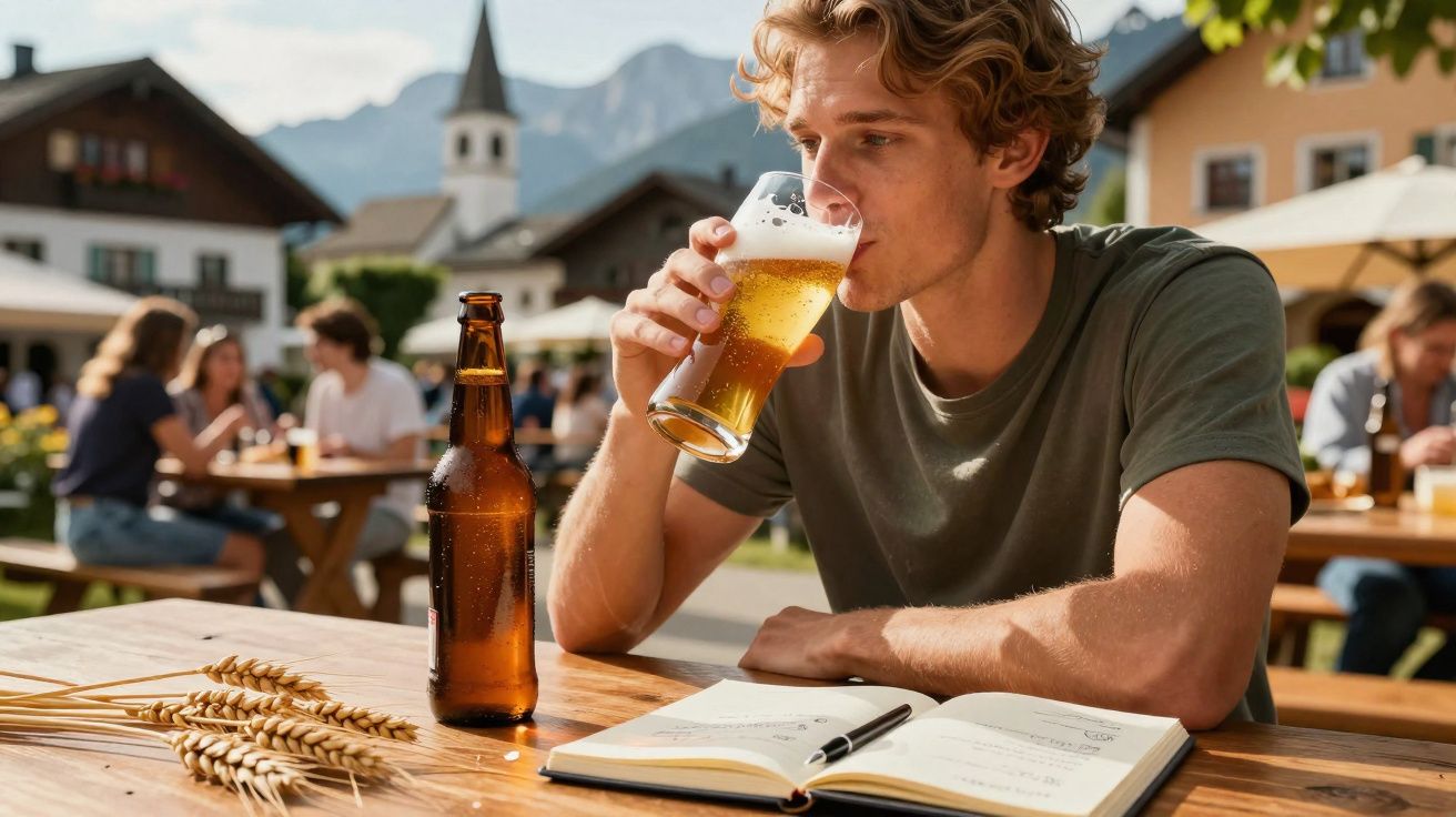 Jovem sentado ao ar livre bebendo cerveja, com caderno aberto e espigas de trigo sobre a mesa.