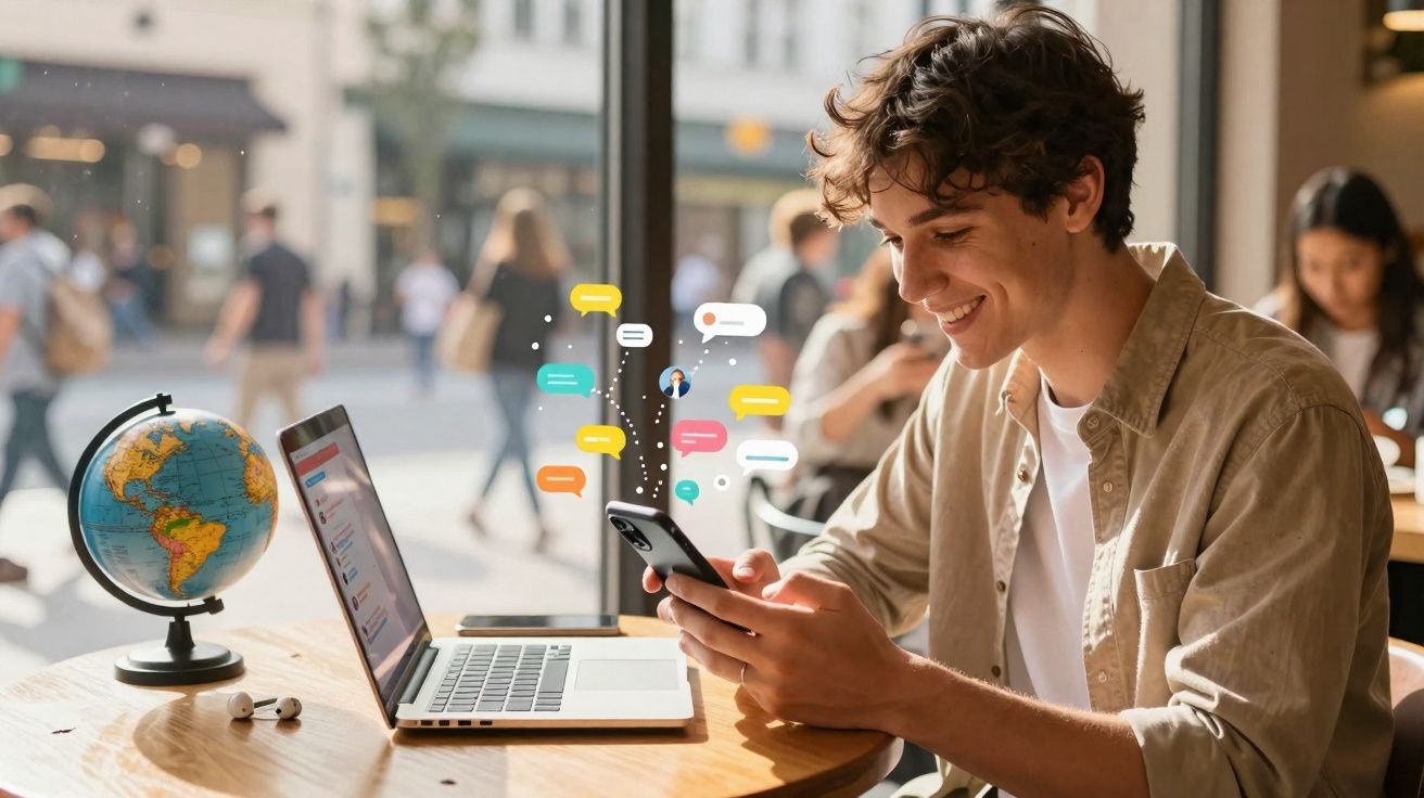 Jovem sorridente usando smartphone em café com laptop e globo terrestre na mesa.
