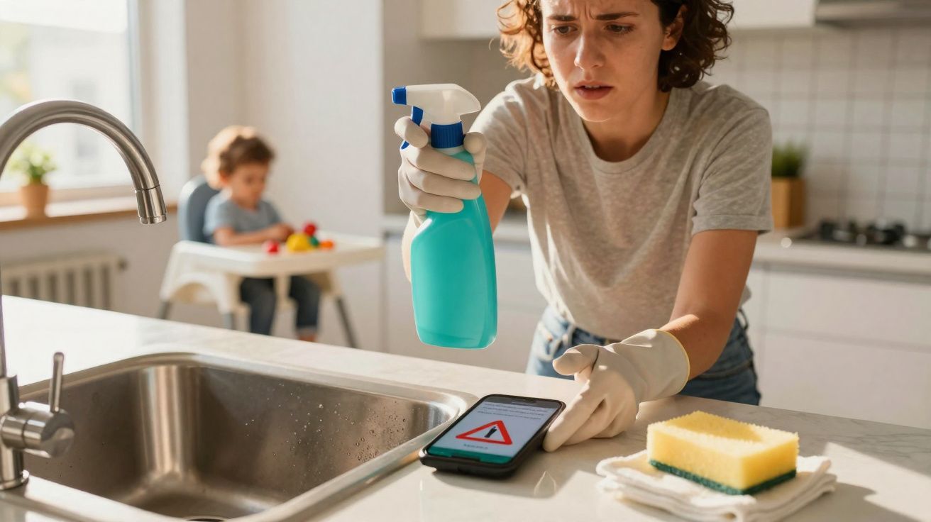 Mulher preocupada com luvas vendo alerta de segurança sobre produto de limpeza na cozinha com criança ao fundo.
