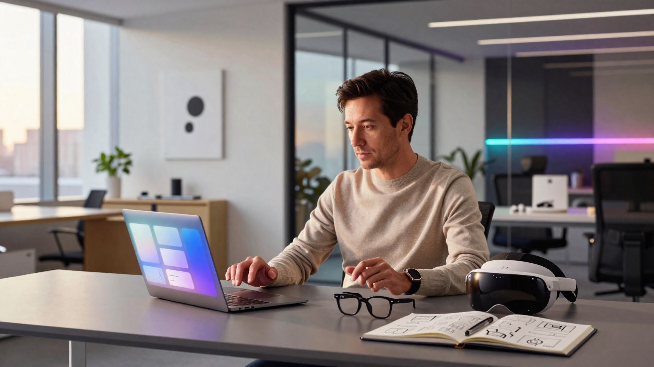 Homem trabalhando em laptop em escritório moderno com óculos, notebook aberto e óculos de realidade virtual na mesa.
