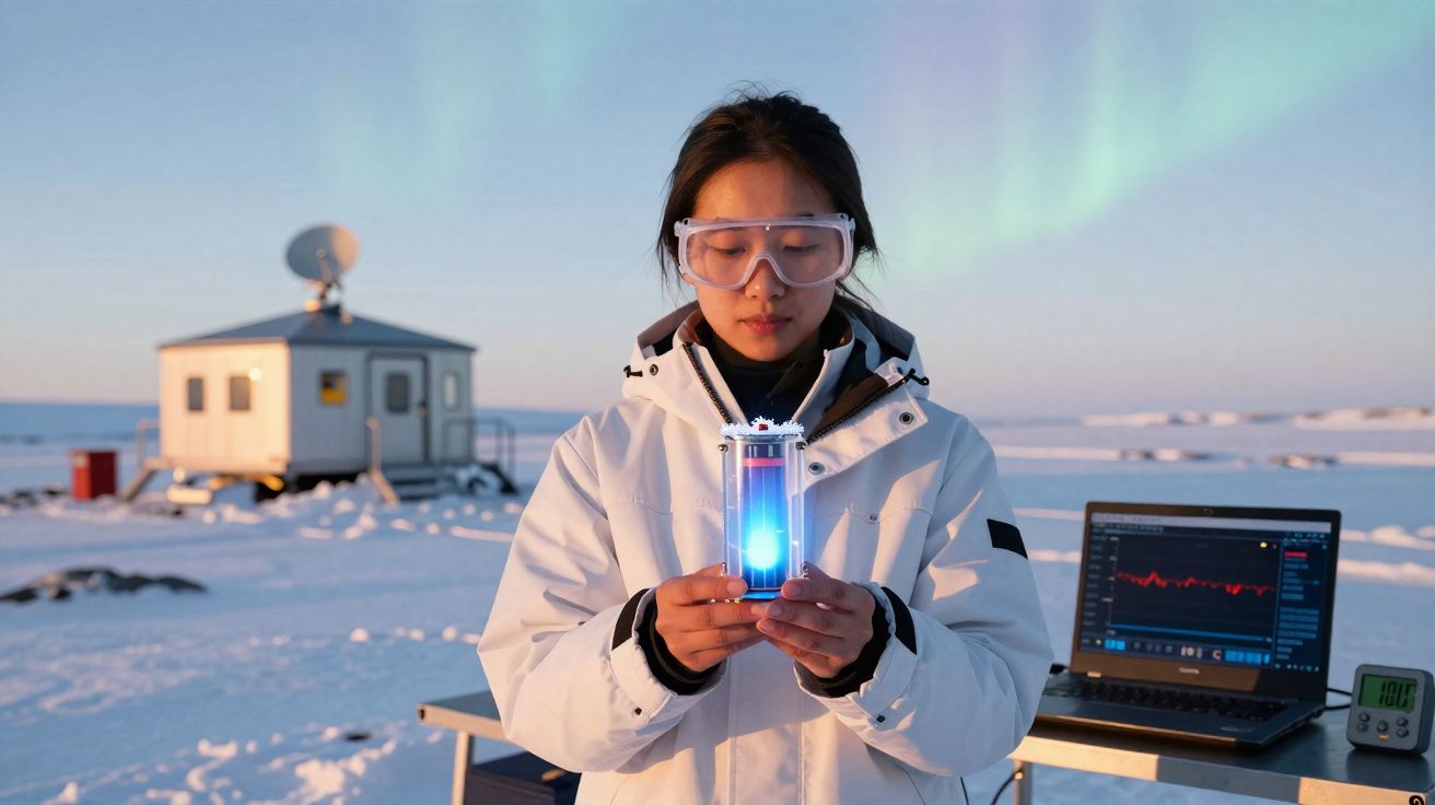 Mulher com jaleco e óculos de proteção segura equipamento luminoso em estação de pesquisa na neve.