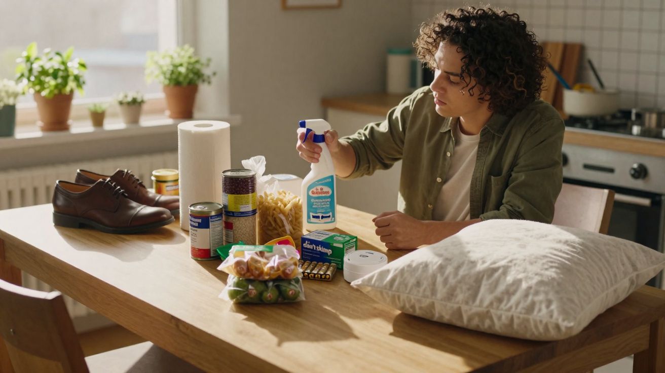 Homem sentado à mesa com diversos produtos domésticos e alimentos à sua frente em cozinha iluminada.