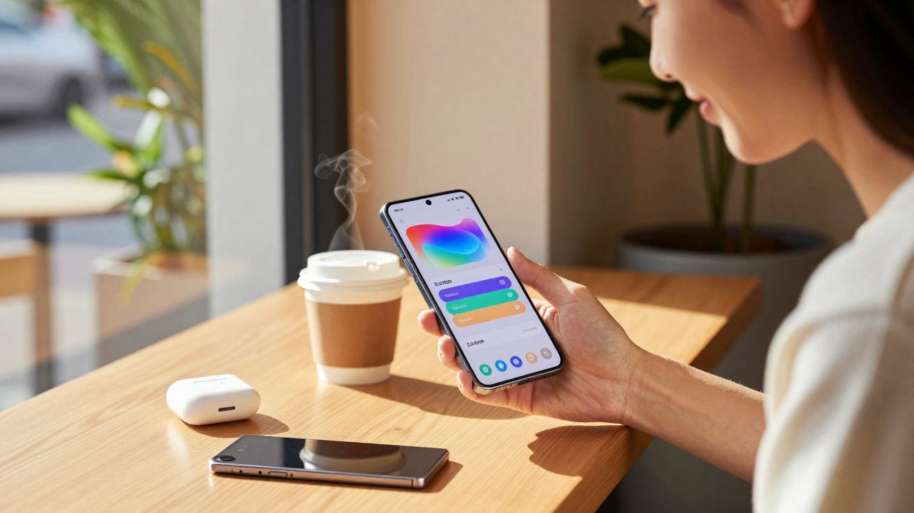 Pessoa segurando smartphone com tela de aplicativo colorido, mesa com copo de café e outros dispositivos eletrônicos.