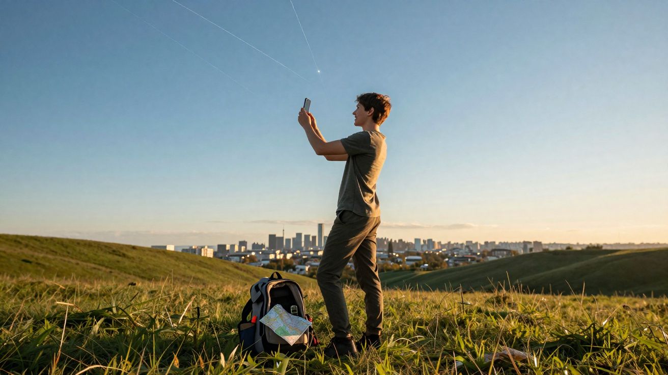 Jovem em campo aberto, tirando foto com celular, mochila e mapa no chão, cidade ao fundo ao pôr do sol.