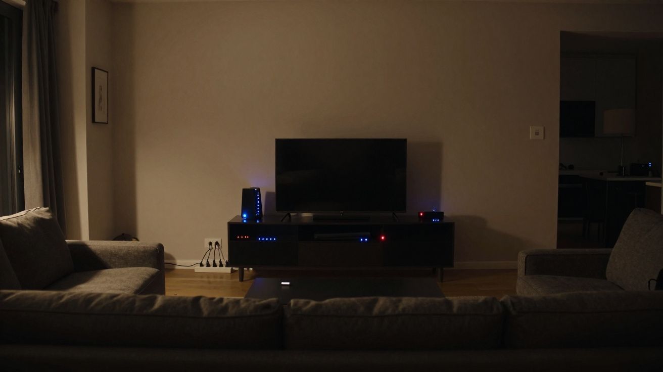 Sala de estar com sofás cinza, televisão desligada em rack e luz ambiente baixa à noite.