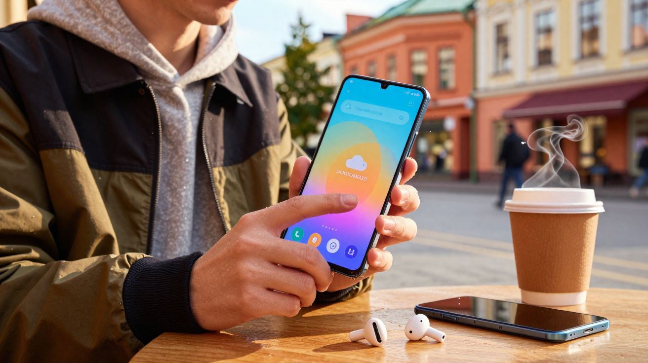 Pessoa usando smartphone com aplicativo aberto, fones de ouvido sobre mesa e café quente em ambiente urbano.