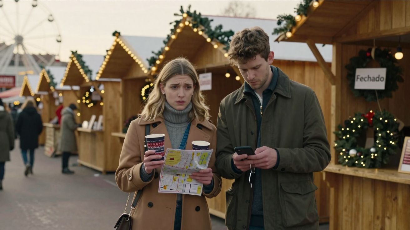 Casal em mercado natalino ao ar livre segurando mapa e celular, com cabanas decoradas ao fundo.