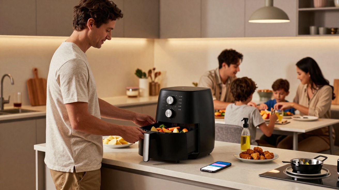 Homem preparando alimentos em fritadeira elétrica na cozinha enquanto família janta ao fundo.