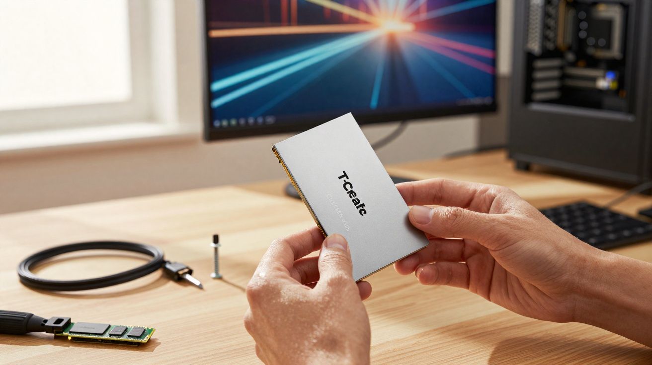 Pessoa segurando SSD Tcelate em frente a mesa com hardware de computador e monitor ligado ao fundo.