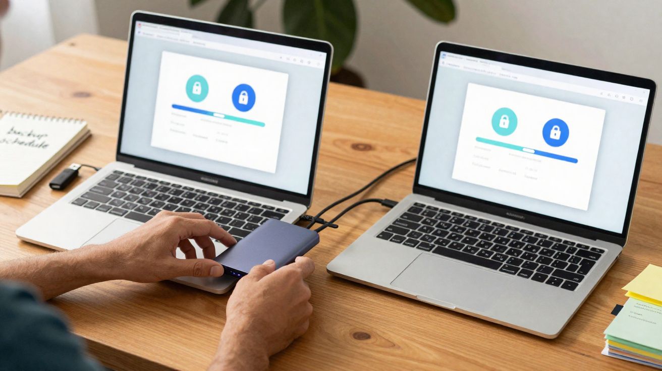 Pessoa conectando dois laptops via unidade externa em mesa de madeira clara, ambos exibem ícones de cadeado.