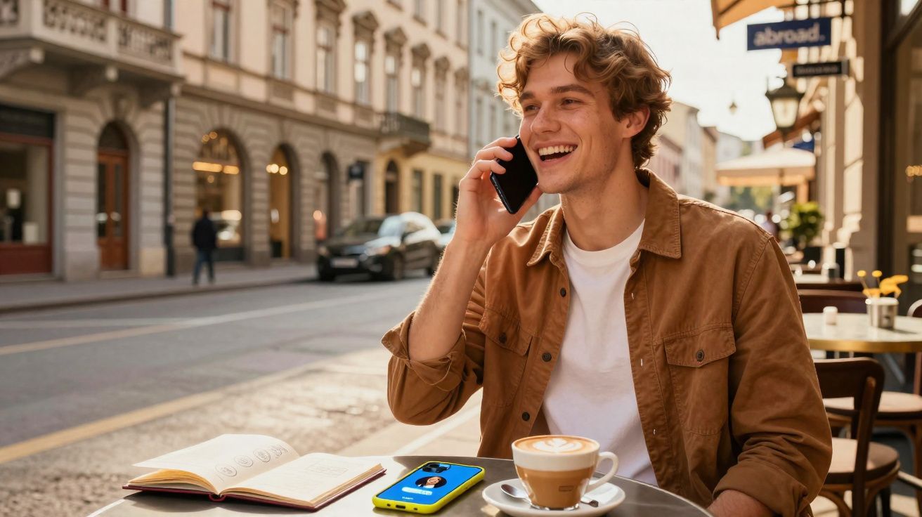 Homem rindo ao falar ao celular sentado em cafeteria ao ar livre com café e caderno em mesa.