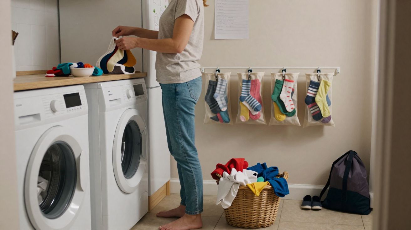 Mulher organizando meias em lavanderia com máquina de lavar, cesto de roupas e organizador pendurado na parede.