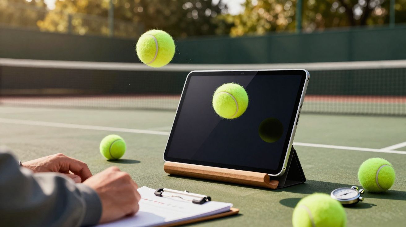 Raquete e bolas de tênis ao redor de um tablet em suporte sobre quadra, com pessoa escrevendo em caderno.