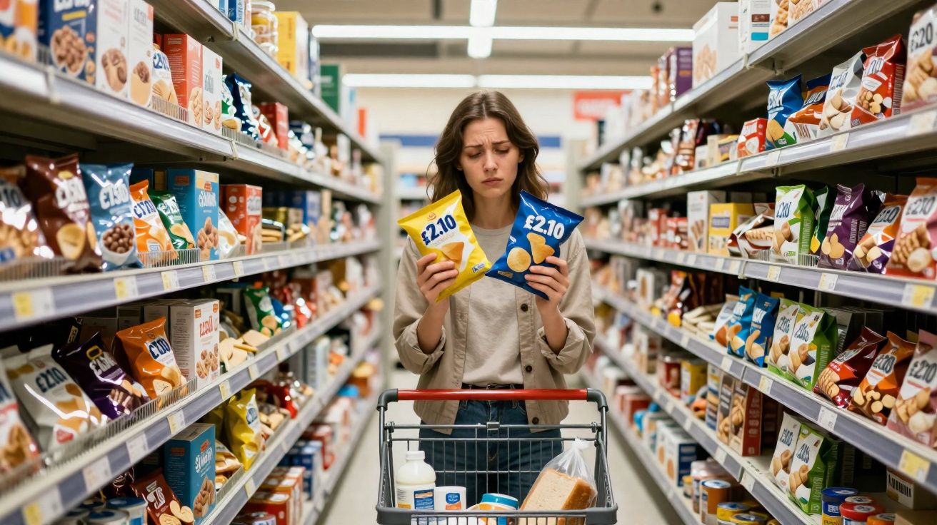 Mulher indecisa segurando dois pacotes de salgadinhos no corredor de supermercado.