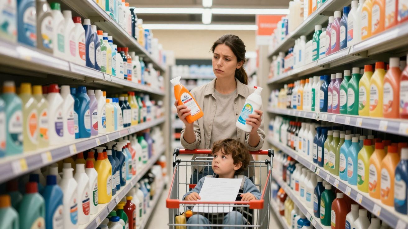 Mulher comparando produtos na mão enquanto criança está sentado no carrinho em corredor de supermercado.