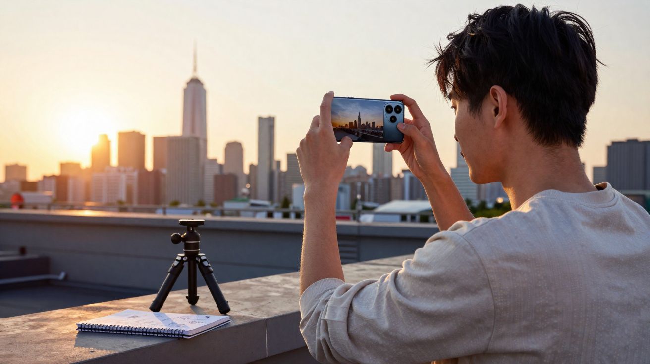 Homem fotografa a cidade ao pôr do sol com smartphone na cobertura de um prédio urbano.