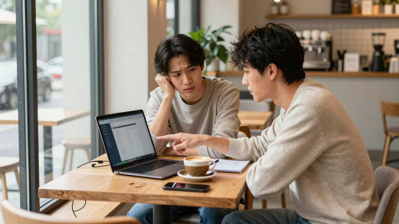 Dois jovens conversando em cafeteria, um mostra algo no laptop para o outro que escuta atento.