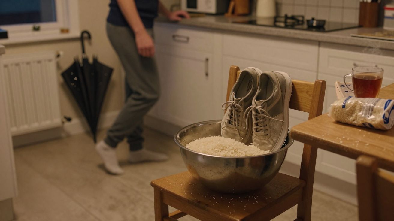 Tênis em uma bacia com arroz sobre uma cadeira em cozinha, com pessoa desfocada ao fundo.