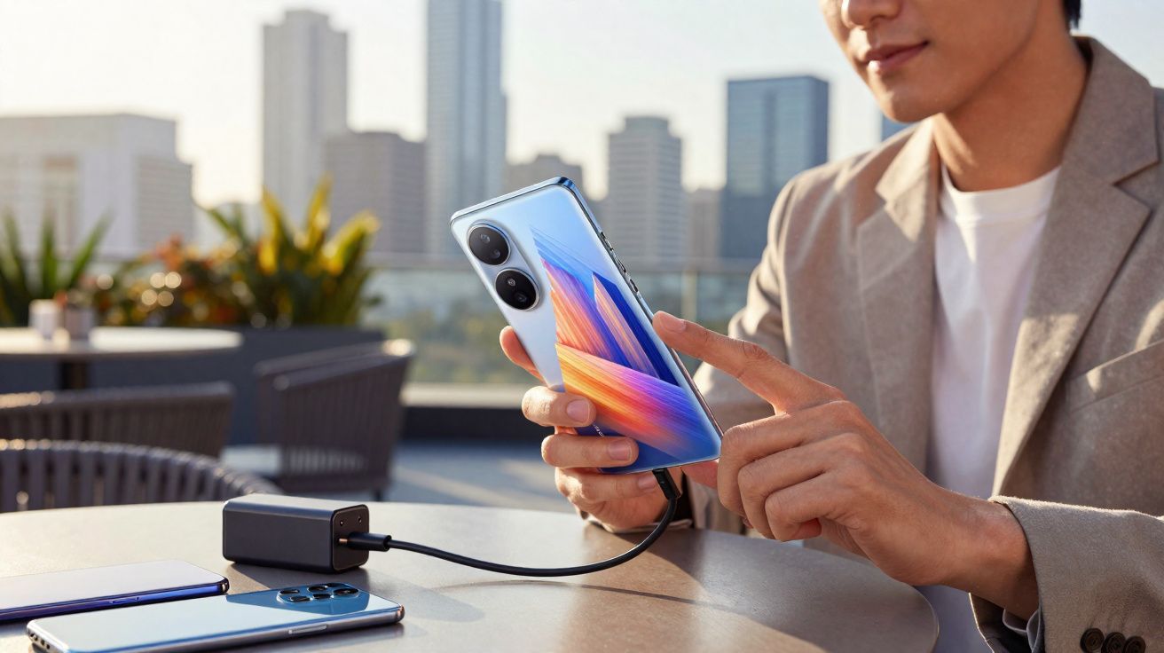 Pessoa segurando smartphone conectado a carregador portátil em mesa ao ar livre com prédios ao fundo.
