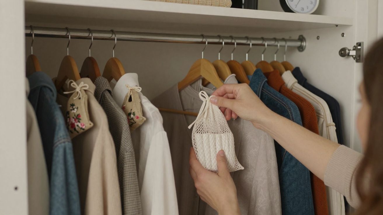 Pessoa guardando sachê perfumado em armário com roupas penduradas em cabides de madeira.